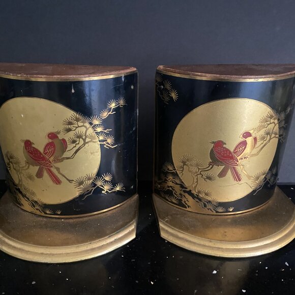 Vintage Asian Themed wood/brass Gramme full moon red birds heavy bookends